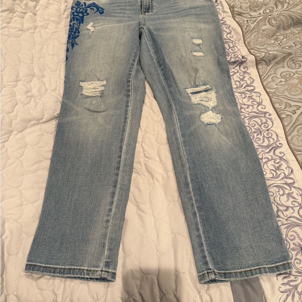 Chico's Blue Ankle Cropped Distressed Jeans